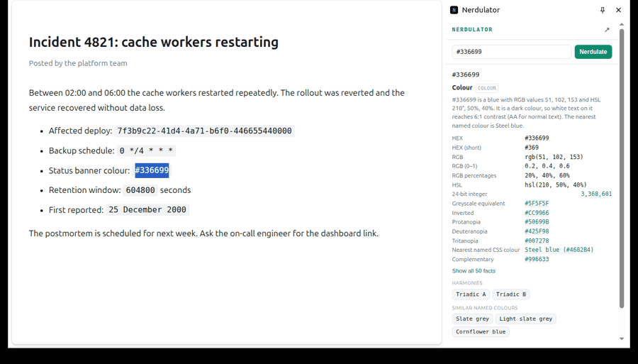 Selecting a UUID, a cron expression and a hex colour on a web page in Chrome, each one answered in the side panel