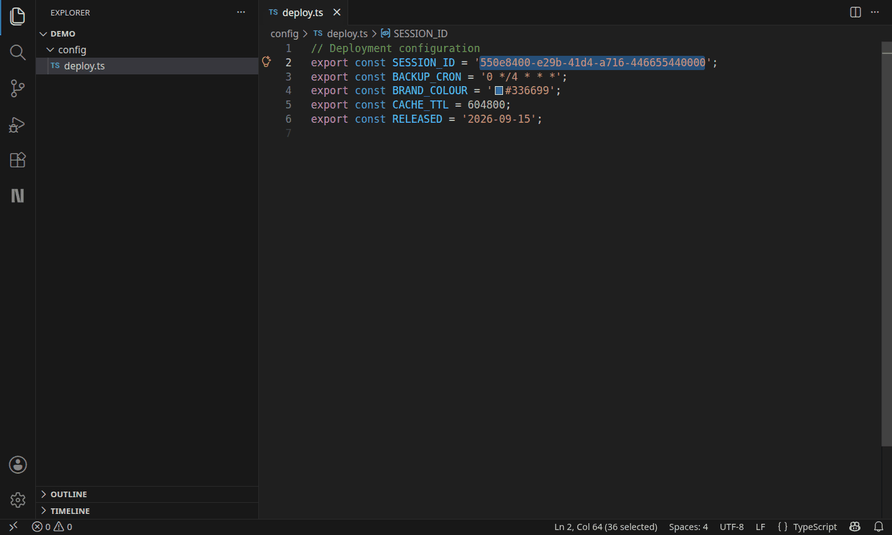 Selecting a UUID, a cron expression and a hex colour in a TypeScript file in VS Code, each one answered in the side bar